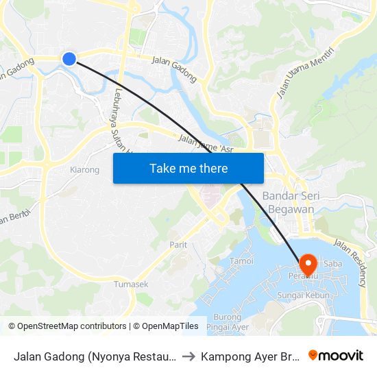 Jalan Gadong (Nyonya Restaurant) to Kampong Ayer Brunei map