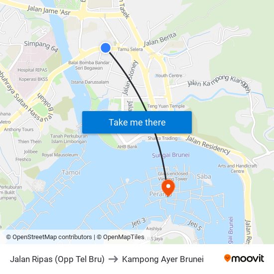 Jalan Ripas (Opp Tel Bru) to Kampong Ayer Brunei map