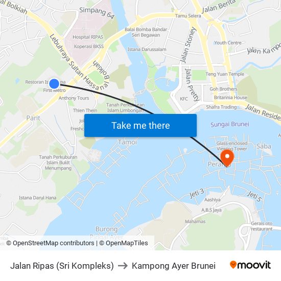 Jalan Ripas (Sri Kompleks) to Kampong Ayer Brunei map