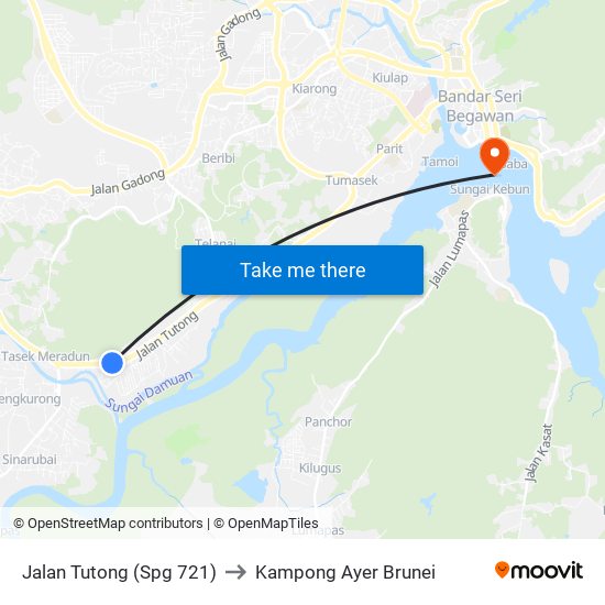 Jalan Tutong (Spg 721) to Kampong Ayer Brunei map