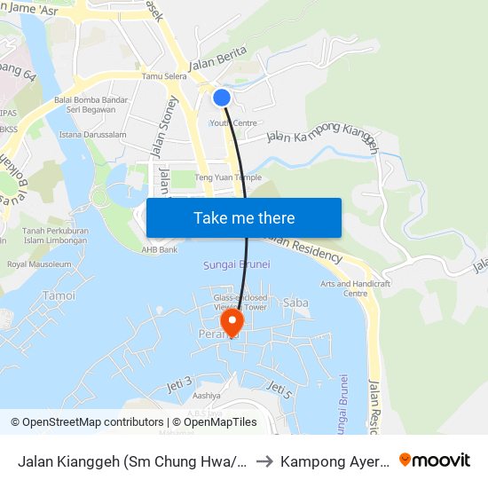 Jalan Kianggeh (Sm Chung Hwa/Pusat Belia) to Kampong Ayer Brunei map