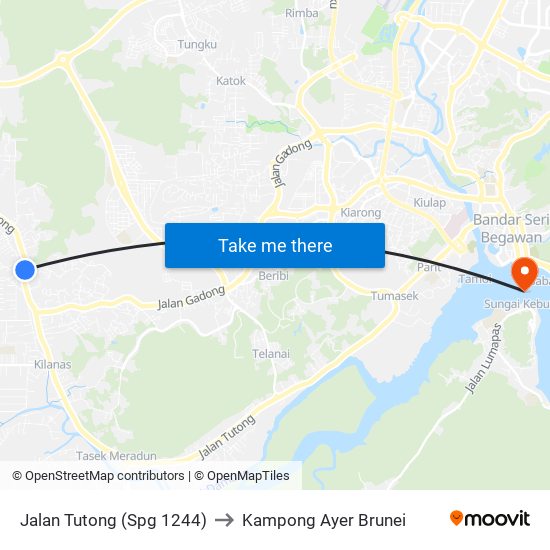 Jalan Tutong (Spg 1244) to Kampong Ayer Brunei map