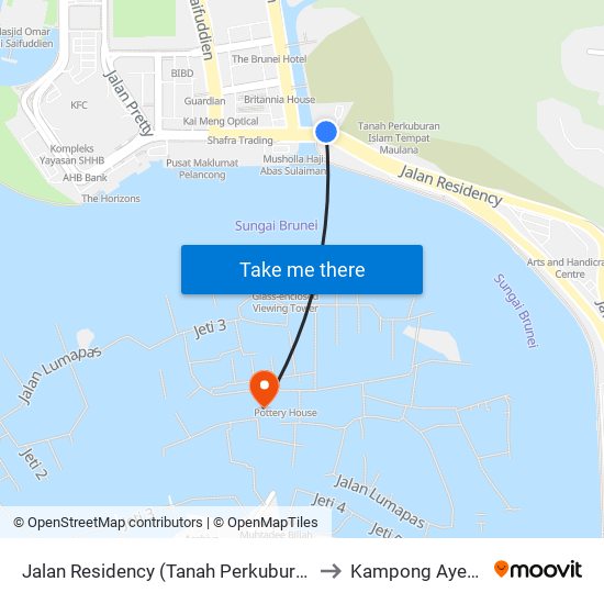 Jalan Residency (Tanah Perkuburan/Cemetery) to Kampong Ayer Brunei map