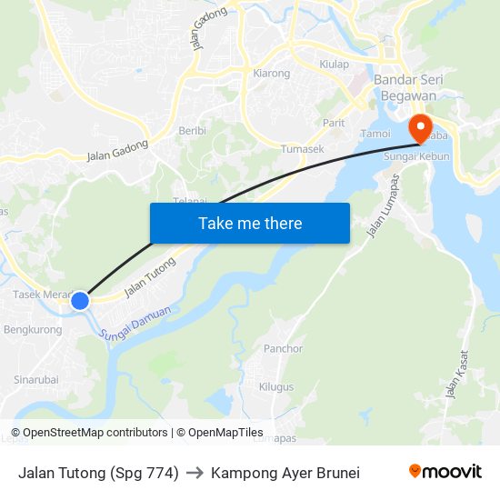 Jalan Tutong (Spg 774) to Kampong Ayer Brunei map