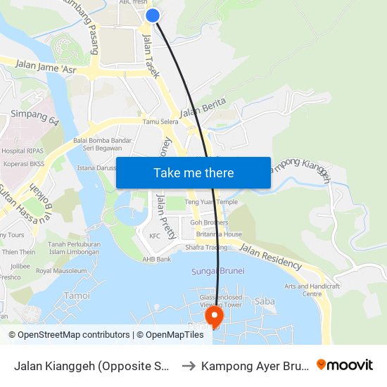 Jalan Kianggeh (Opposite Smja) to Kampong Ayer Brunei map