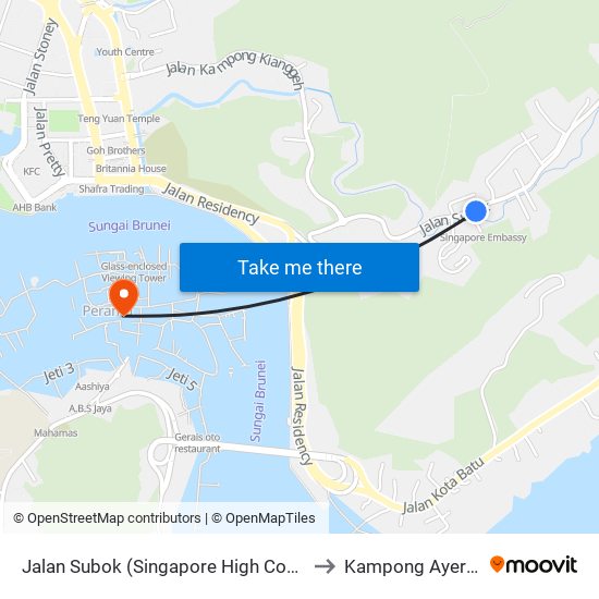 Jalan Subok (Singapore High Comm/Spg 74) to Kampong Ayer Brunei map
