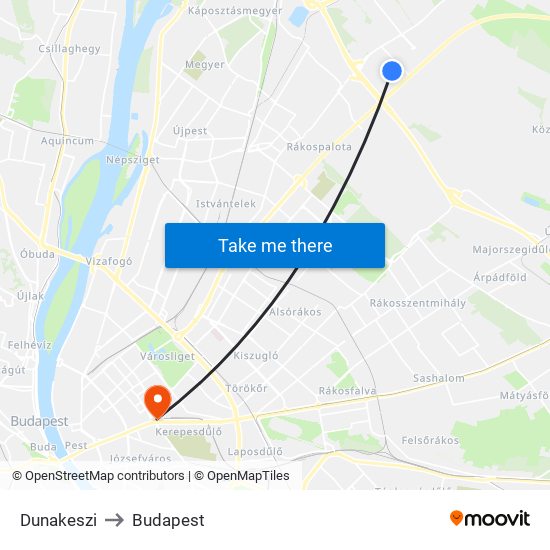 Dunakeszi to Budapest map