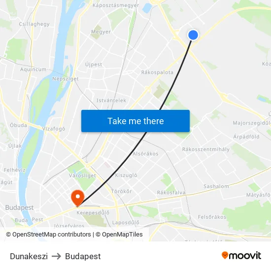 Dunakeszi to Budapest map