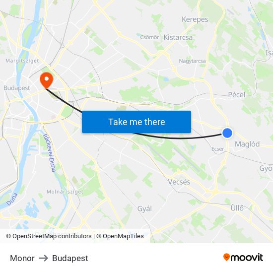 Monor to Budapest map