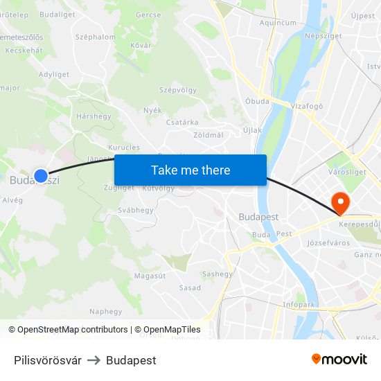 Pilisvörösvár to Budapest map