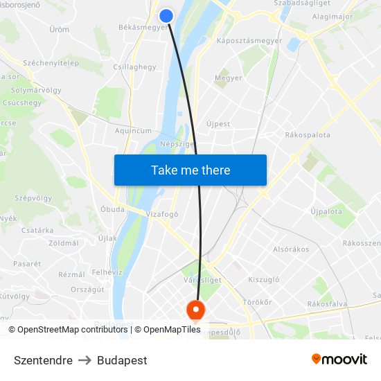 Szentendre to Budapest map