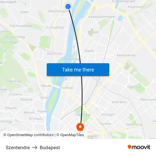 Szentendre to Budapest map