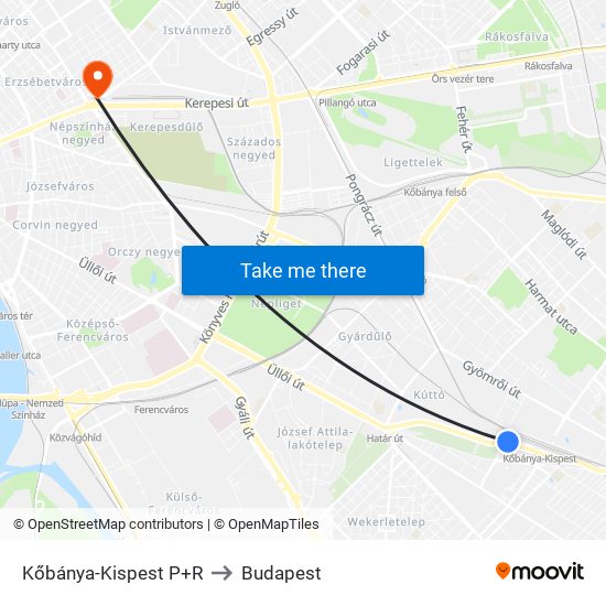 Kőbánya-Kispest P+R to Budapest map