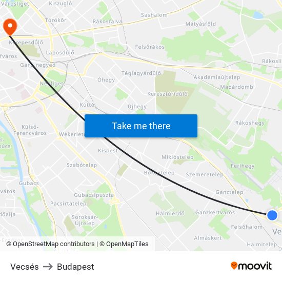 Vecsés to Budapest map