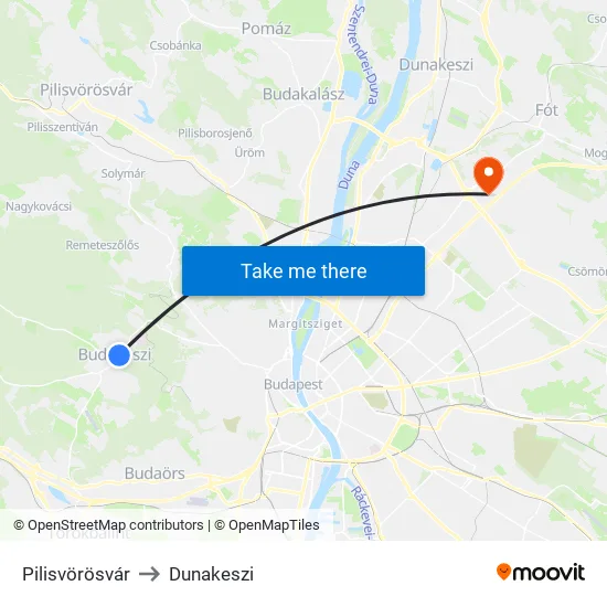 Pilisvörösvár to Dunakeszi map