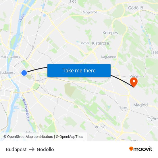 Budapest to Gödöllo map