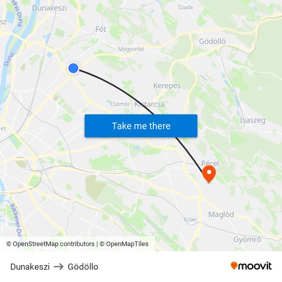 Dunakeszi to Gödöllo map