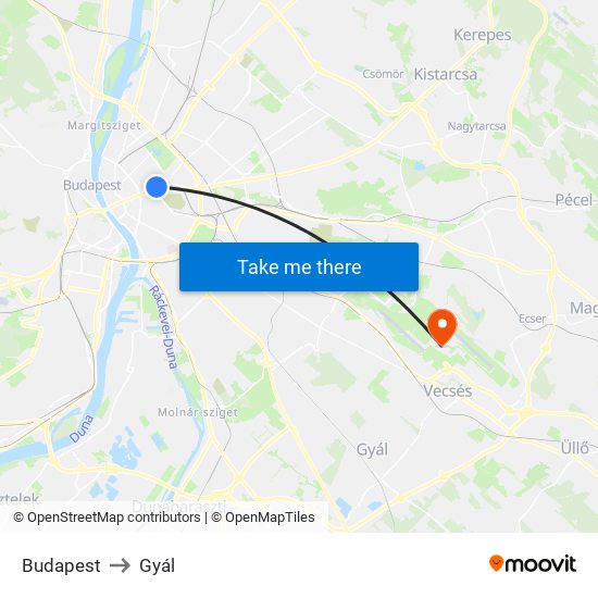 Budapest to Gyál map