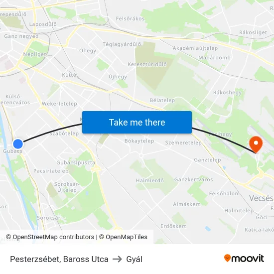 Pesterzsébet, Baross Utca to Gyál map