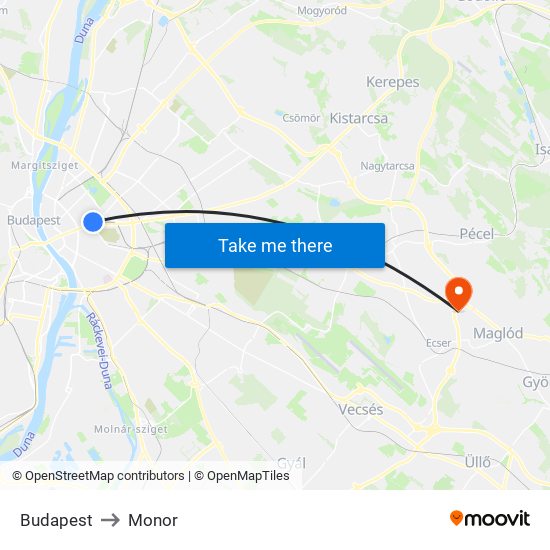 Budapest to Monor map