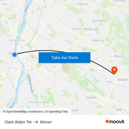 Clark Ádám Tér to Monor map