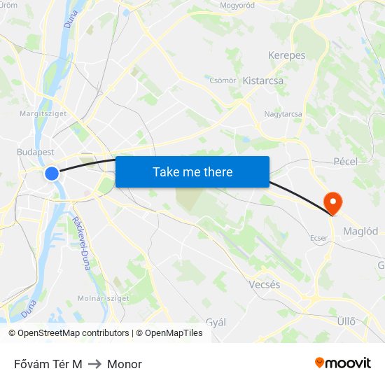 Fővám Tér M to Monor map