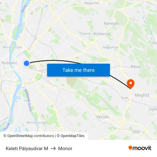 Keleti Pályaudvar M to Monor map