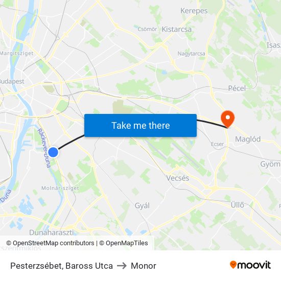 Pesterzsébet, Baross Utca to Monor map