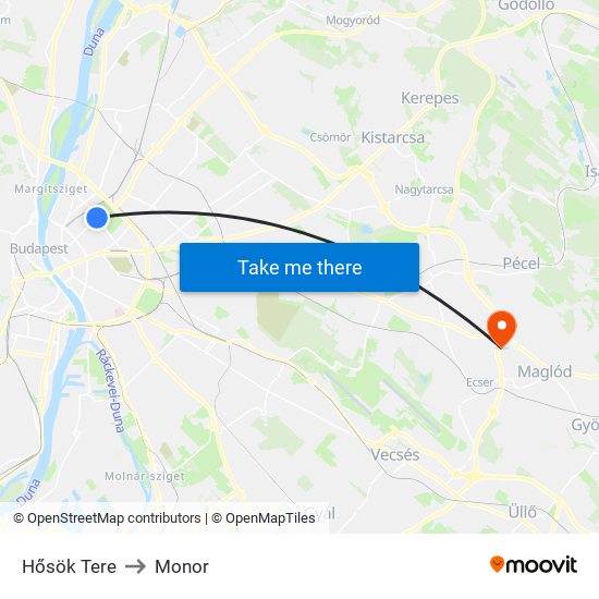 Hősök Tere to Monor map