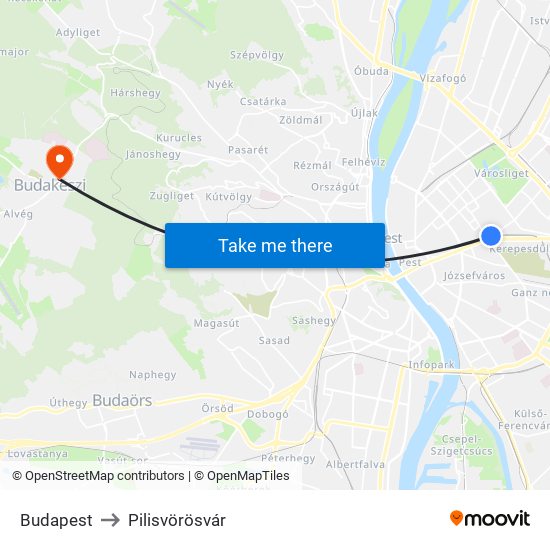 Budapest to Pilisvörösvár map