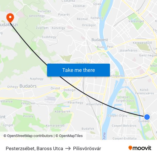 Pesterzsébet, Baross Utca to Pilisvörösvár map