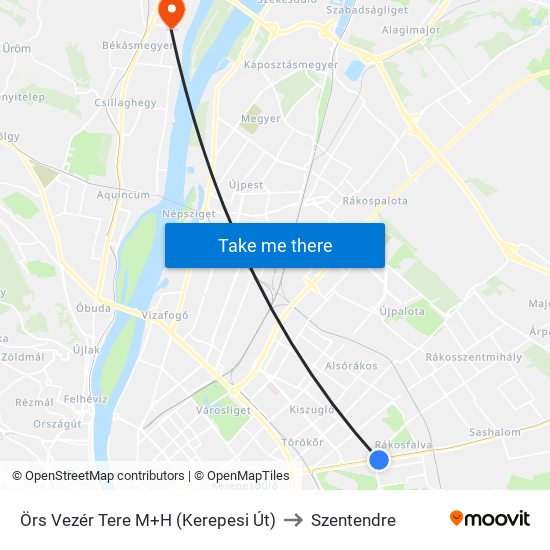 Örs Vezér Tere M+H (Kerepesi Út) to Szentendre map