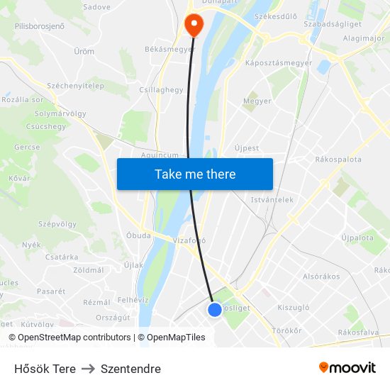 Hősök Tere to Szentendre map