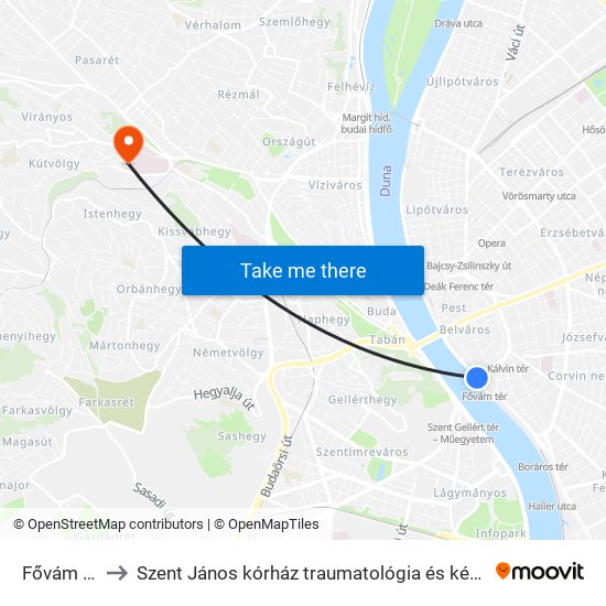 Fővám Tér M to Szent János kórház traumatológia és kézsebészeti centrum map