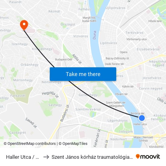 Haller Utca / Soroksári Út to Szent János kórház traumatológia és kézsebészeti centrum map