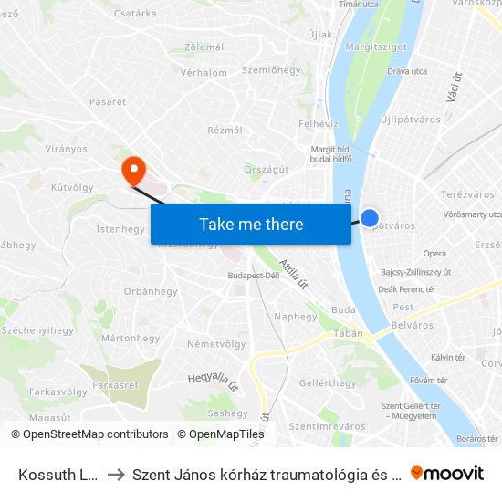 Kossuth Lajos Tér to Szent János kórház traumatológia és kézsebészeti centrum map