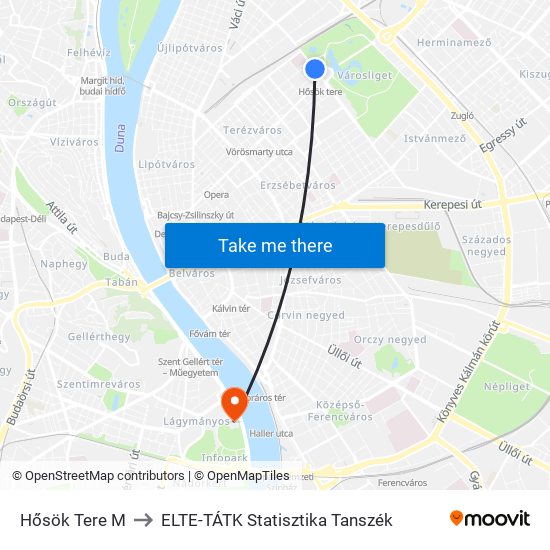 Hősök Tere M to ELTE-TÁTK Statisztika Tanszék map