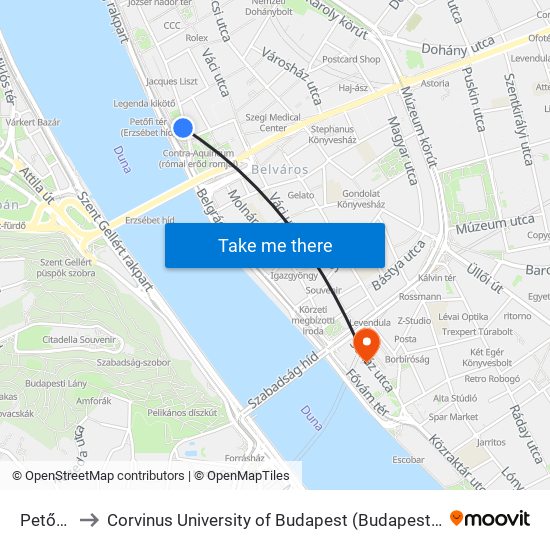 Petőfi Tér to Corvinus University of Budapest (Budapesti Corvinus Egyetem) map
