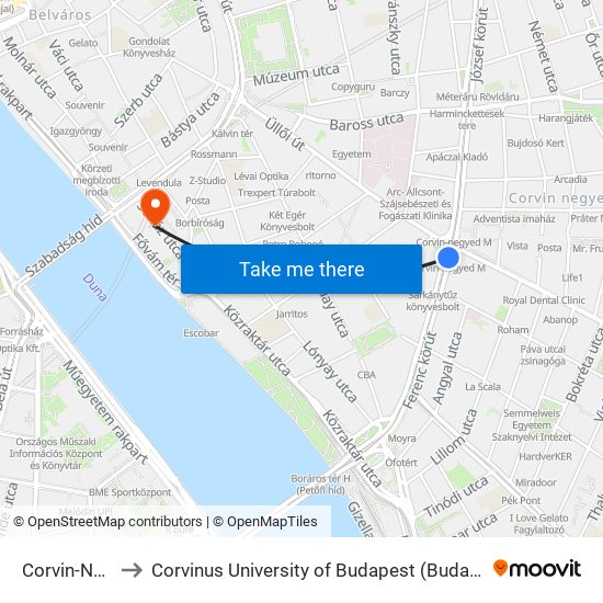Corvin-Negyed M to Corvinus University of Budapest (Budapesti Corvinus Egyetem) map