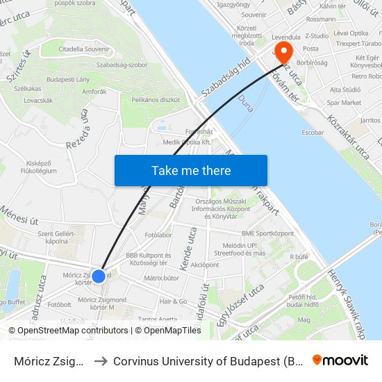 Móricz Zsigmond Körtér to Corvinus University of Budapest (Budapesti Corvinus Egyetem) map