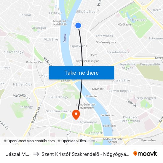 Jászai Mari Tér to Szent Kristóf Szakrendelő - Nőgyógyászat (Ultrahang) map