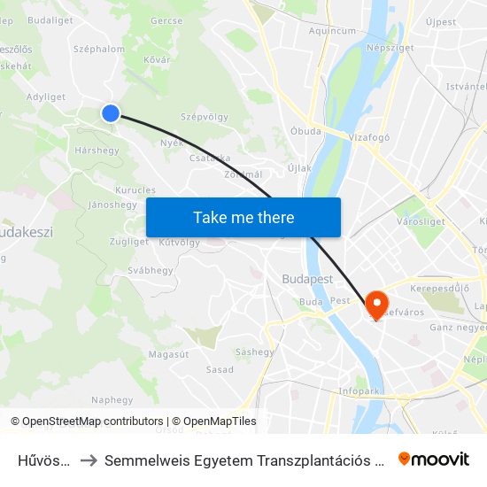 Hűvösvölgy to Semmelweis Egyetem Transzplantációs és Sebészeti Klinika map