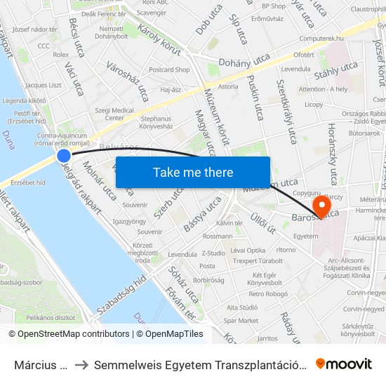 Március 15. Tér to Semmelweis Egyetem Transzplantációs és Sebészeti Klinika map