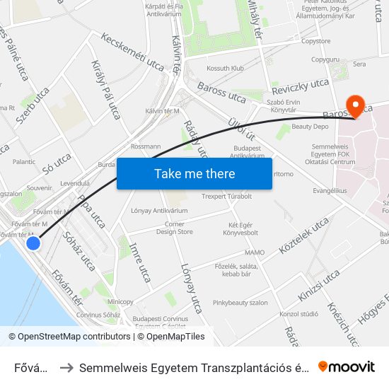 Fővám Tér to Semmelweis Egyetem Transzplantációs és Sebészeti Klinika map