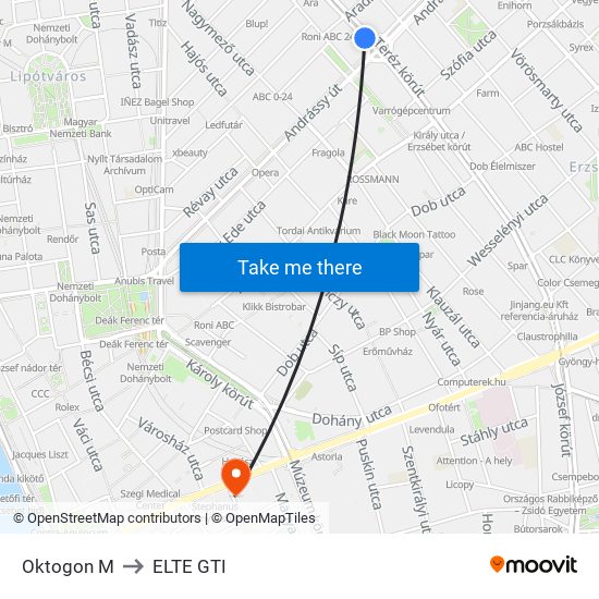 Oktogon M to ELTE GTI map