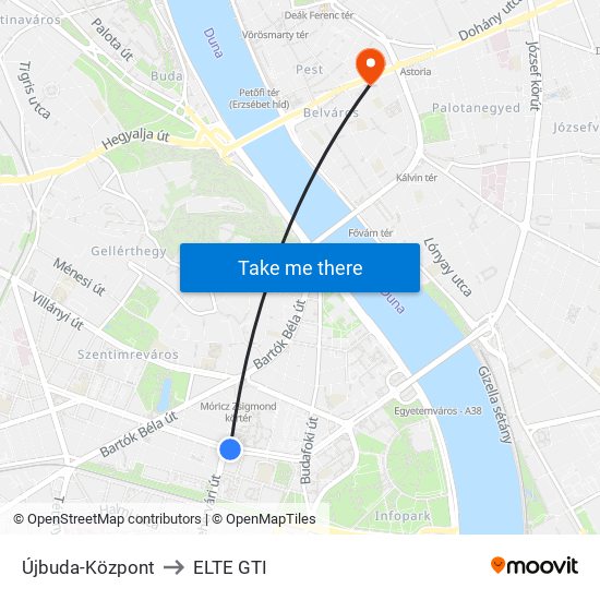 Újbuda-Központ to ELTE GTI map