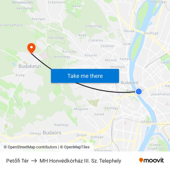 Petőfi Tér to MH Honvédkórház III. Sz. Telephely map