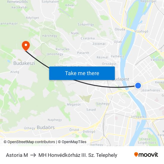 Astoria M to MH Honvédkórház III. Sz. Telephely map