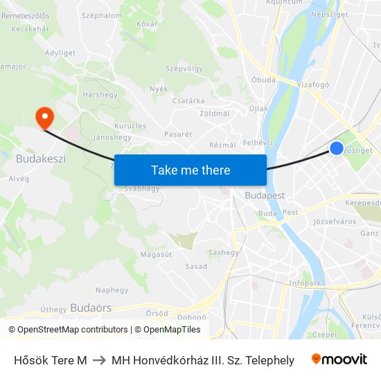 Hősök Tere M to MH Honvédkórház III. Sz. Telephely map