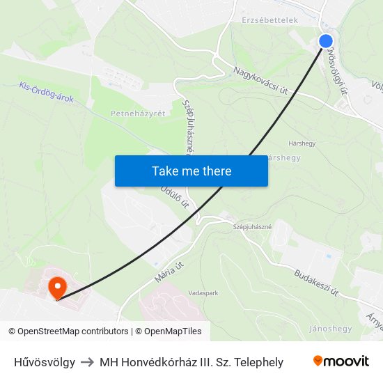 Hűvösvölgy to MH Honvédkórház III. Sz. Telephely map